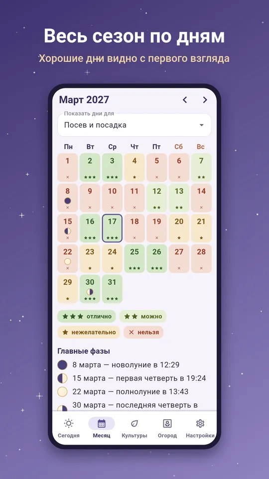 Лунный календарь: календарь на месяц